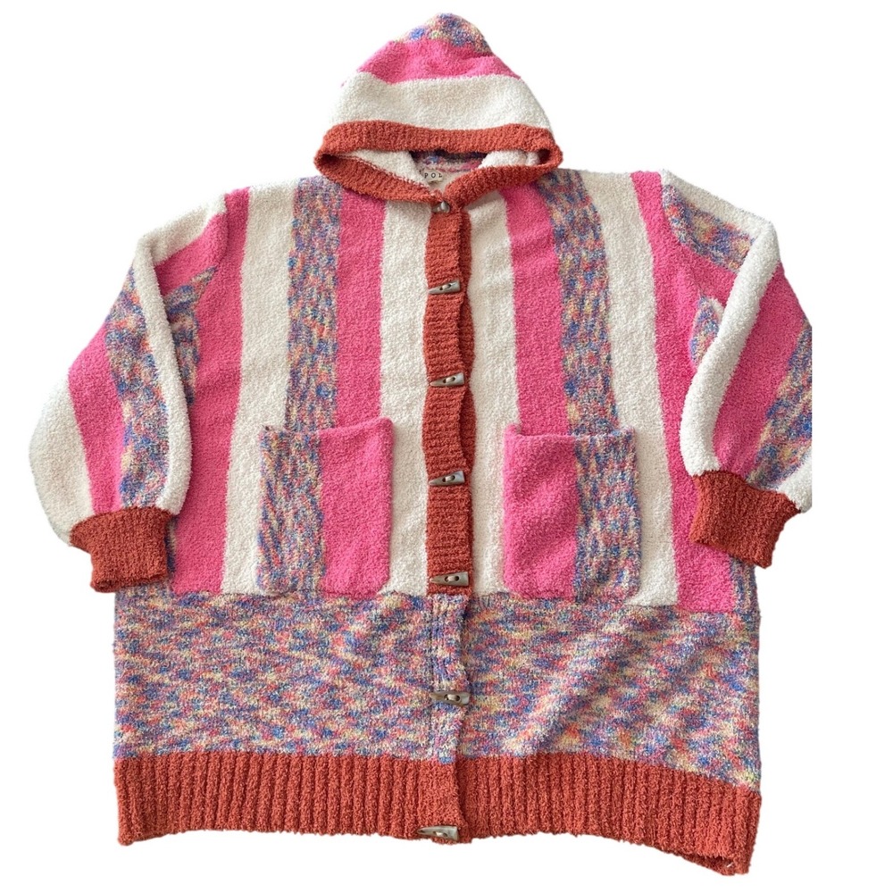 POL Clothing Pink Striped Popcorn Knit Hooded Toggle Cardigan Sweater YST748 M